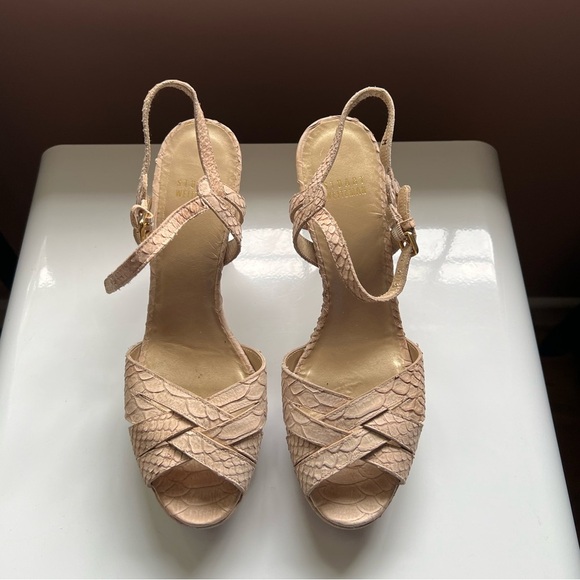 Stuart Weitzman Tan Snakeprint Strappy Heels Size 8 - Picture 2 of 8